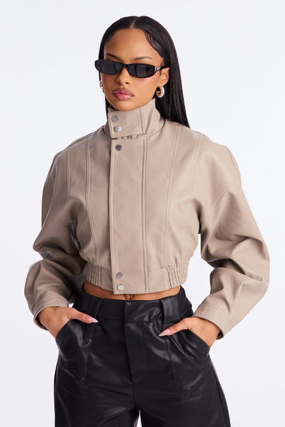 Show Stopper Cropped Faux Leather Bomber Jacket - Taupe