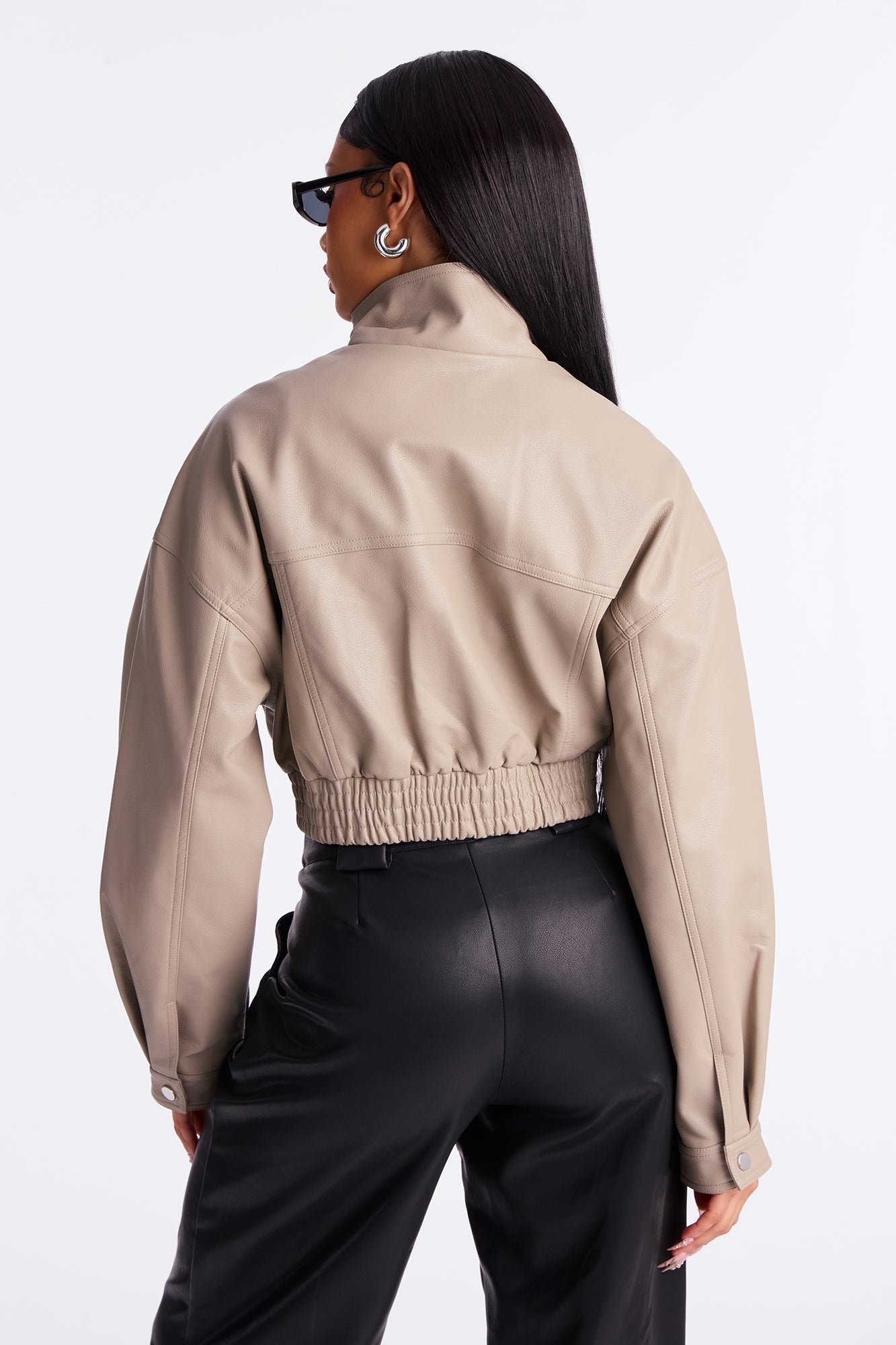 Show Stopper Cropped Faux Leather Bomber Jacket - Taupe