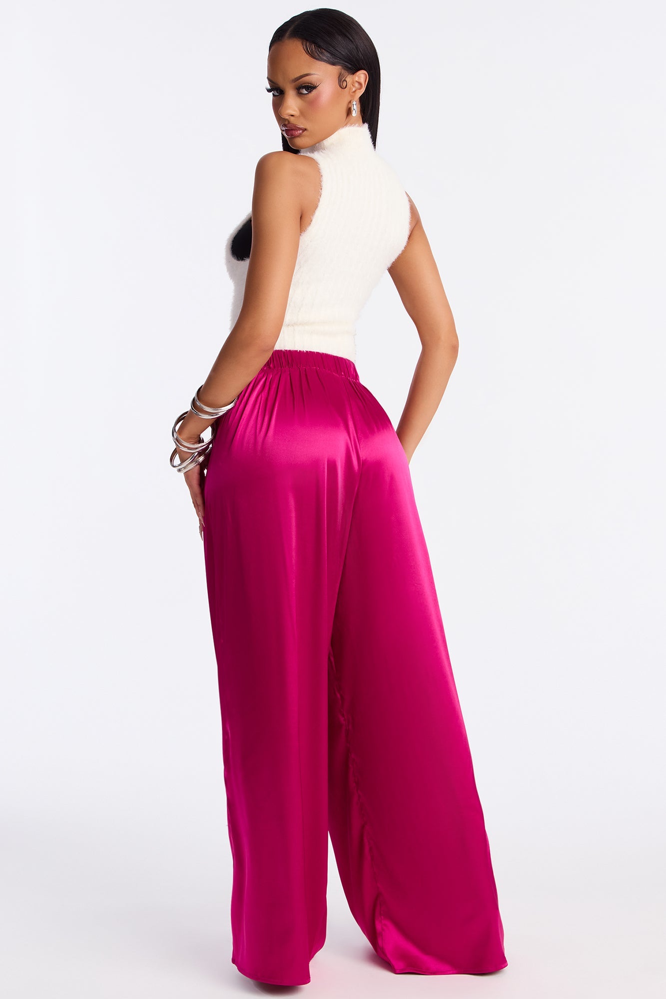First Class Wide Leg Satin Pant 32″ - Magenta