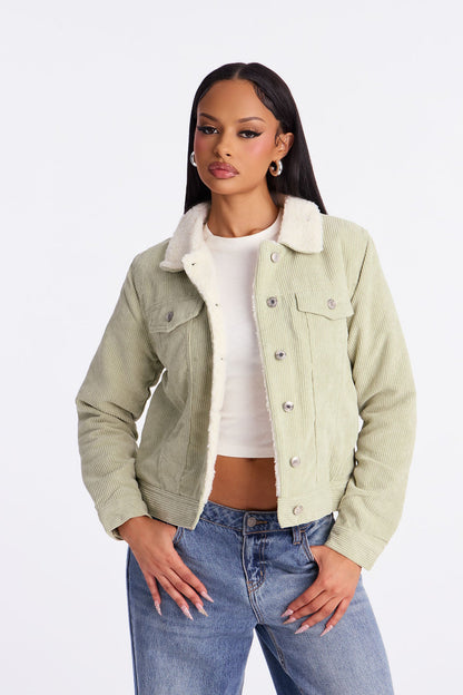 Carolina Corduroy Sherpa Lined Trucker Jacket - Sage