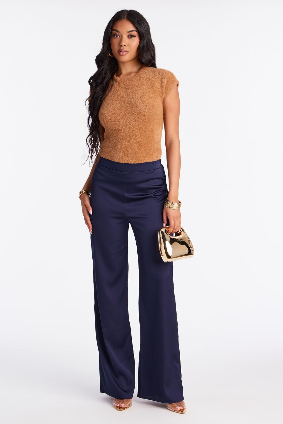 Claudia Satin Wide Leg Pant 32″ - Navy