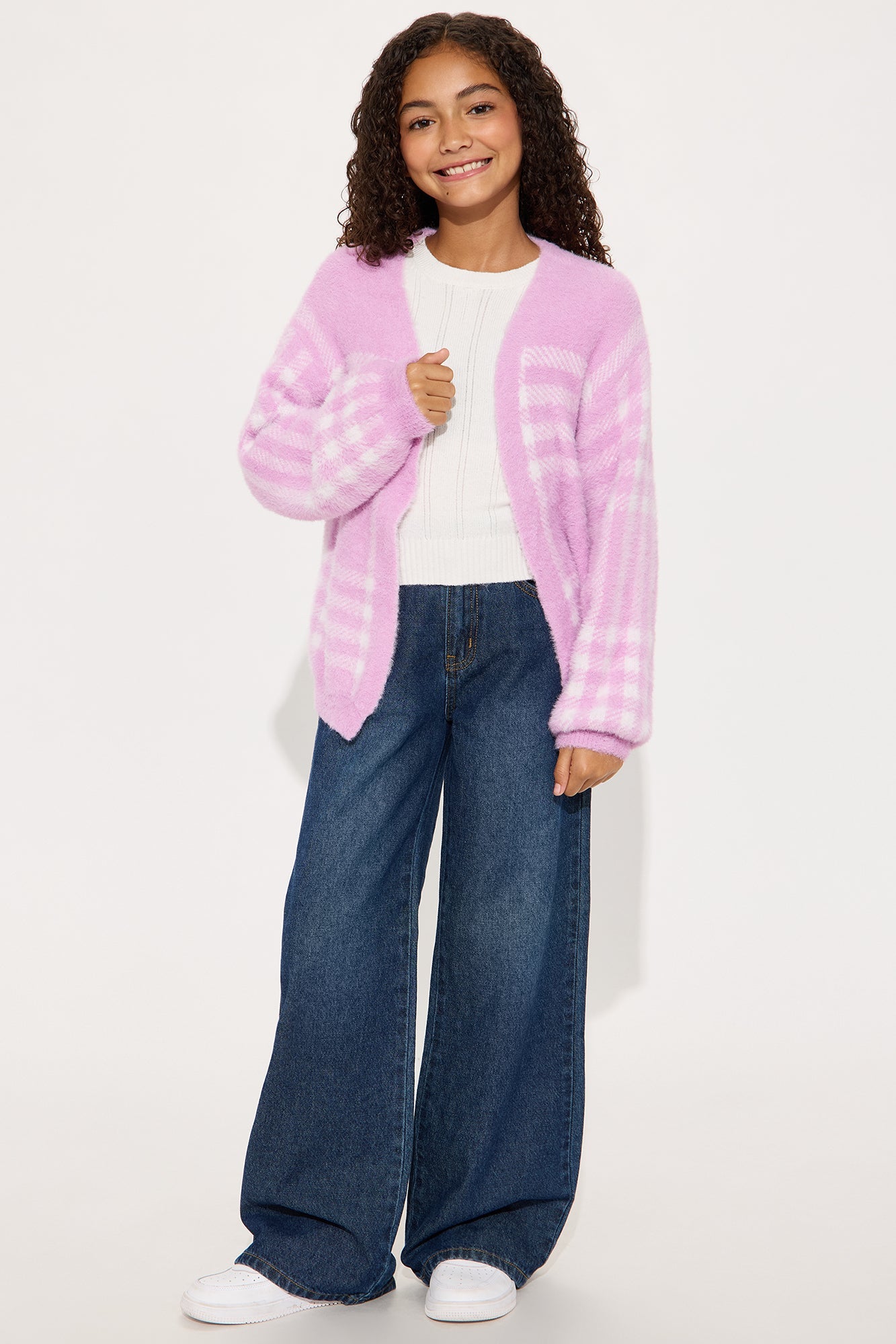 Mini Feels Like Fuzzy Plaid Cardigan - Pink/combo