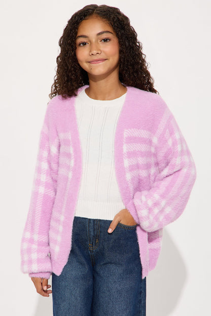 Mini Feels Like Fuzzy Plaid Cardigan - Pink/combo