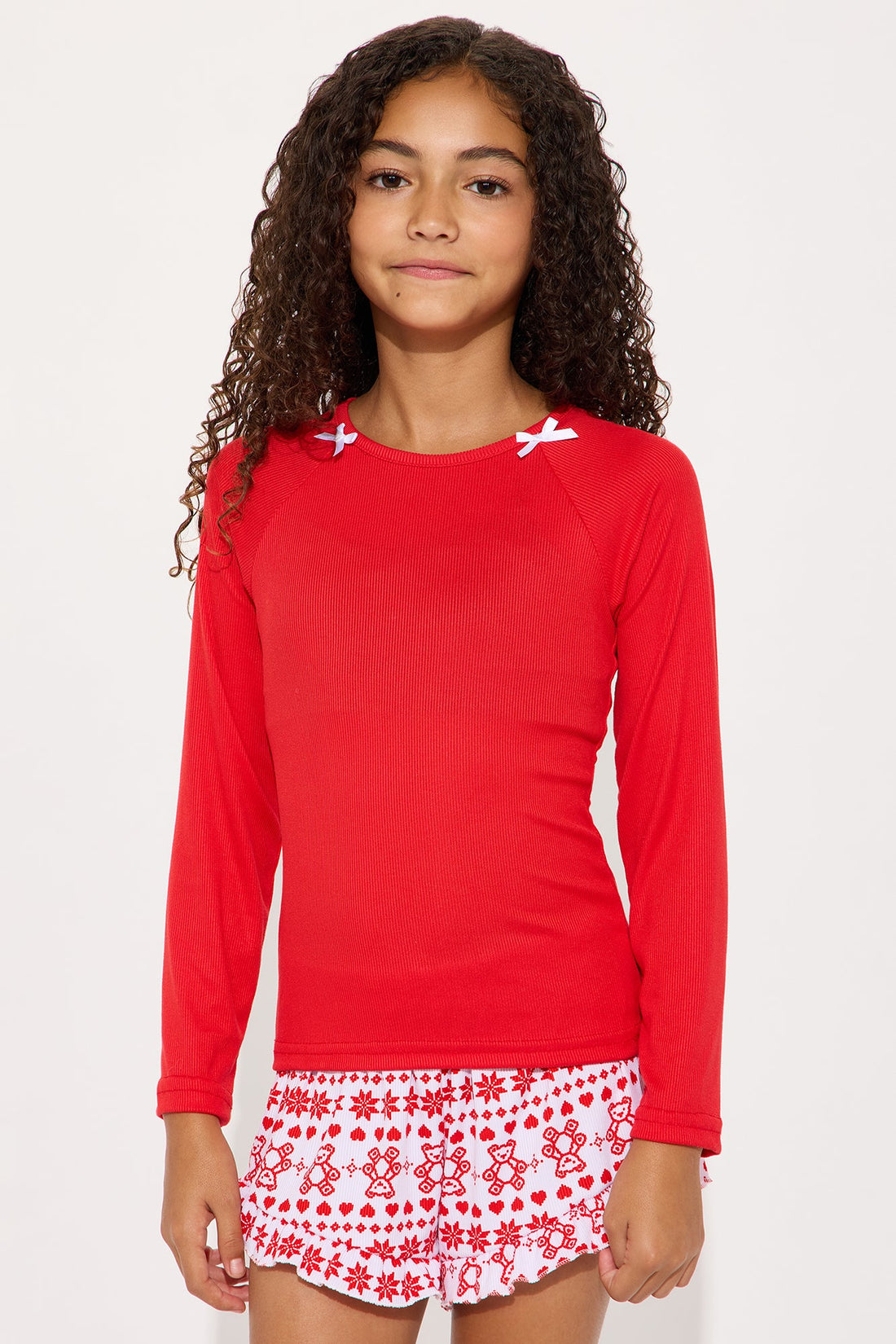 Mini Holiday Bears Ribbed Short Set - Red/White