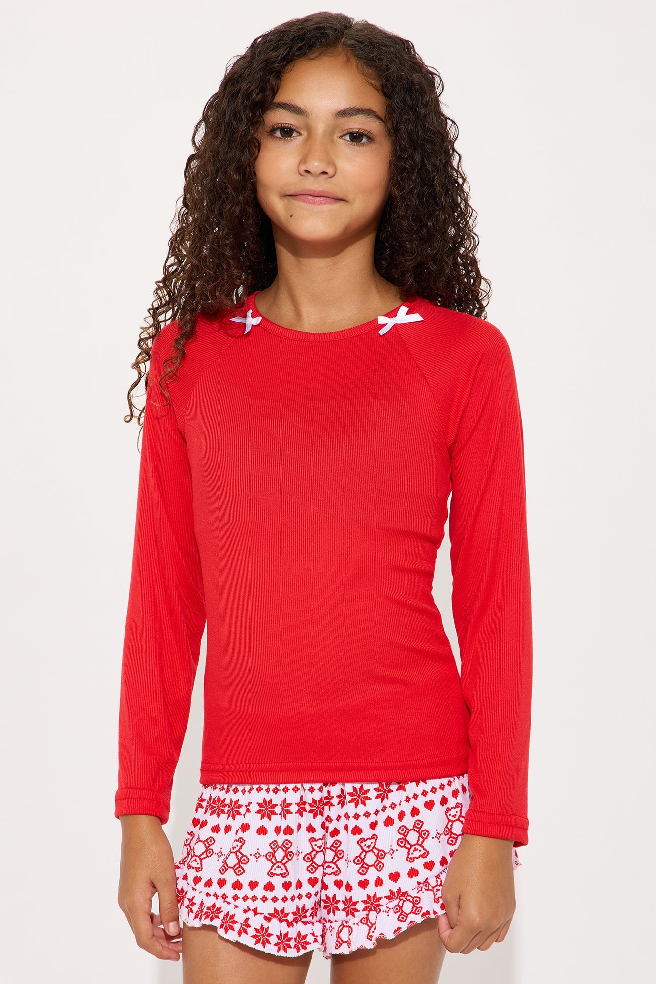 Mini Holiday Bears Ribbed Short Set - Red/White