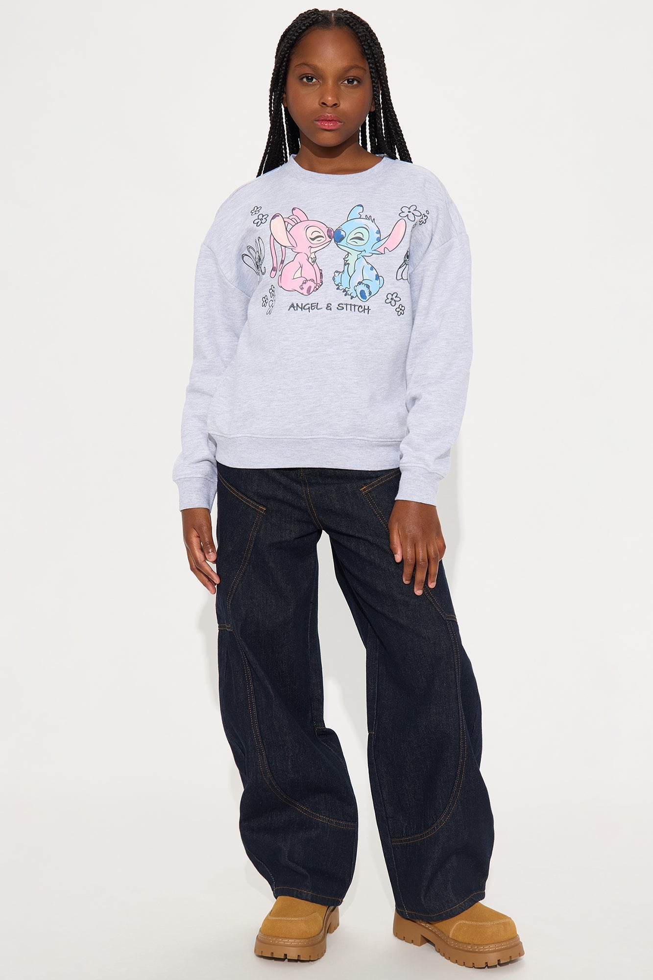 Mini Stitch and Angel Happy Together Embroidered Crew Neck Sweatshirt - Heather Grey