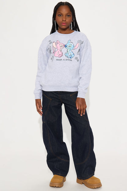 Mini Stitch and Angel Happy Together Embroidered Crew Neck Sweatshirt - Heather Grey