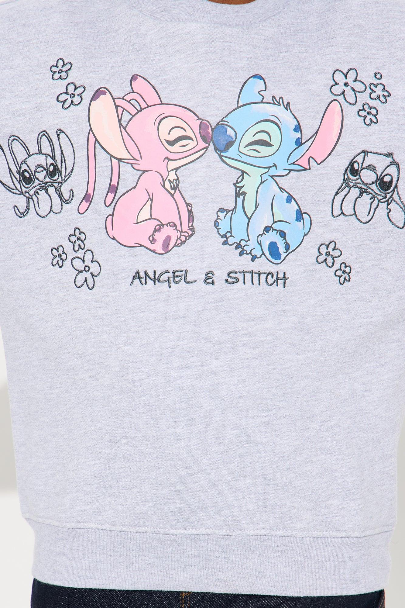 Mini Stitch and Angel Happy Together Embroidered Crew Neck Sweatshirt - Heather Grey