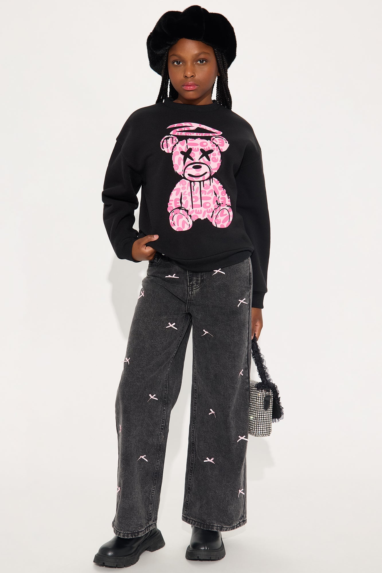 Mini Graffiti Bear Crew Neck Sweatshirt - Black
