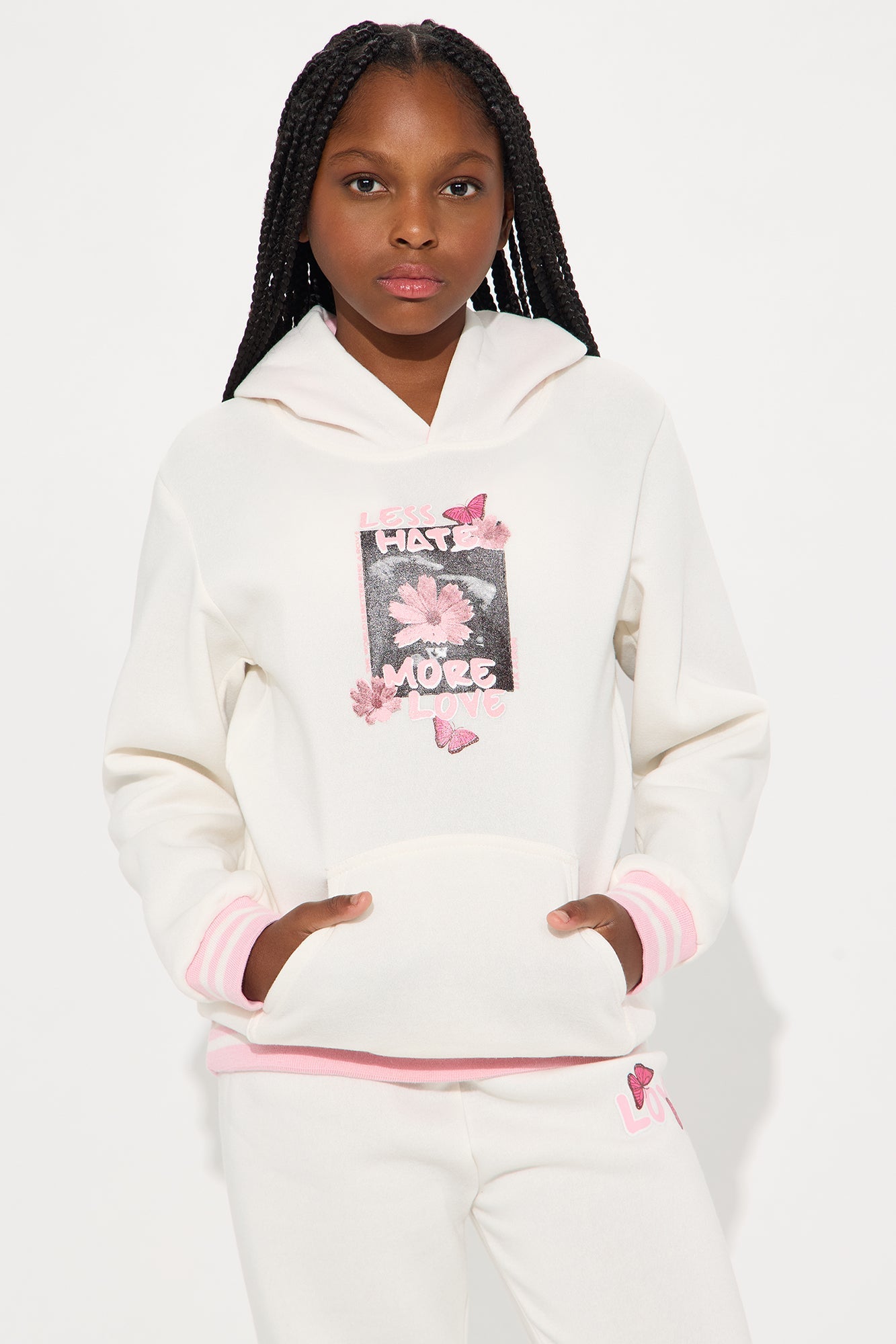 Mini Less Hate More Love Hoodie And Pant Set - Ivory