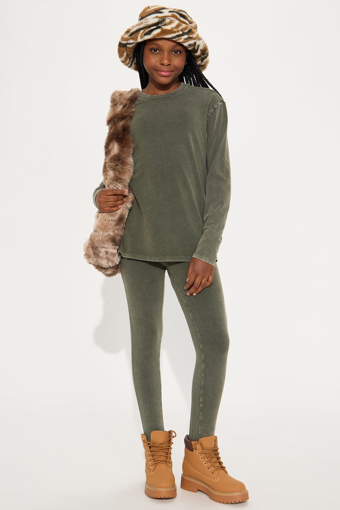 Mini Stepping Out Mineral Wash Long Sleeve Legging Set - Olive