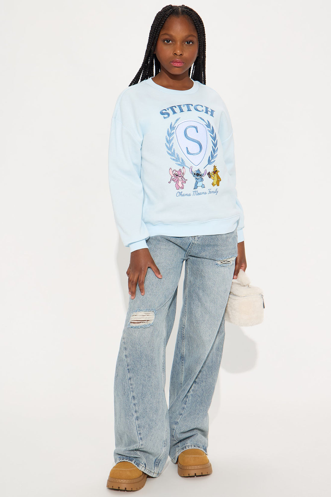 Mini Stitch Ohana Means Family Embroidered Crew Neck Sweatshirt - Light Blue