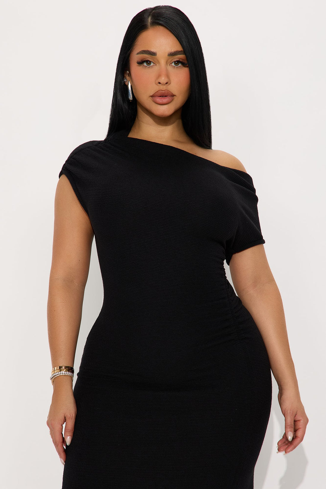 Milena Asymmetrical Textured Midi Dress - Black