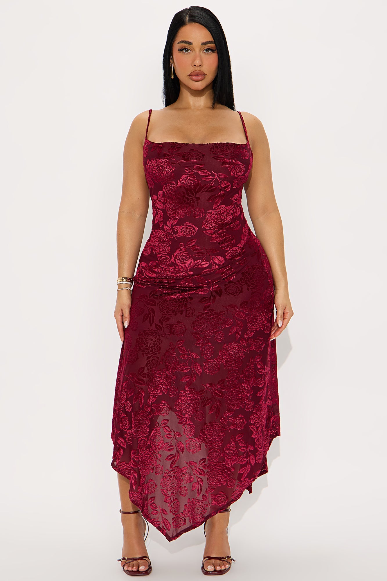Noemi Asymmetrical Flocked Mesh Midi Dress - Wine