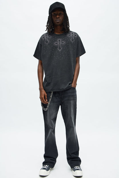 Cross Rhinestones Oversized Short Sleeve Tee - Black
