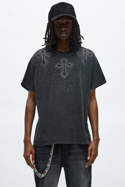 Cross Rhinestones Oversized Short Sleeve Tee - Black