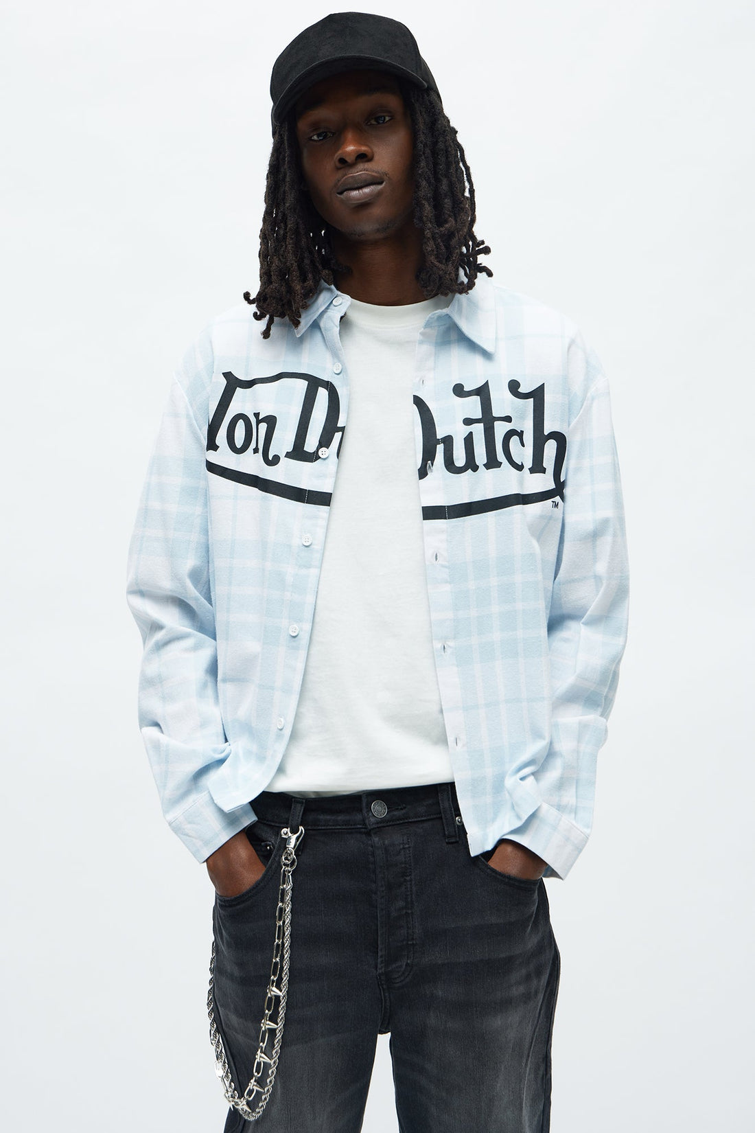 Cropped Von Dutch Flying Eyeball Flannel - Light Blue