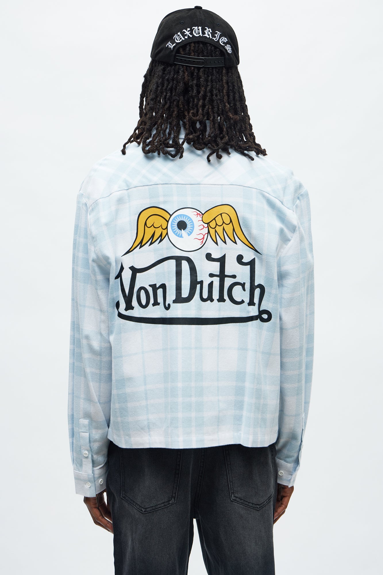 Cropped Von Dutch Flying Eyeball Flannel - Light Blue