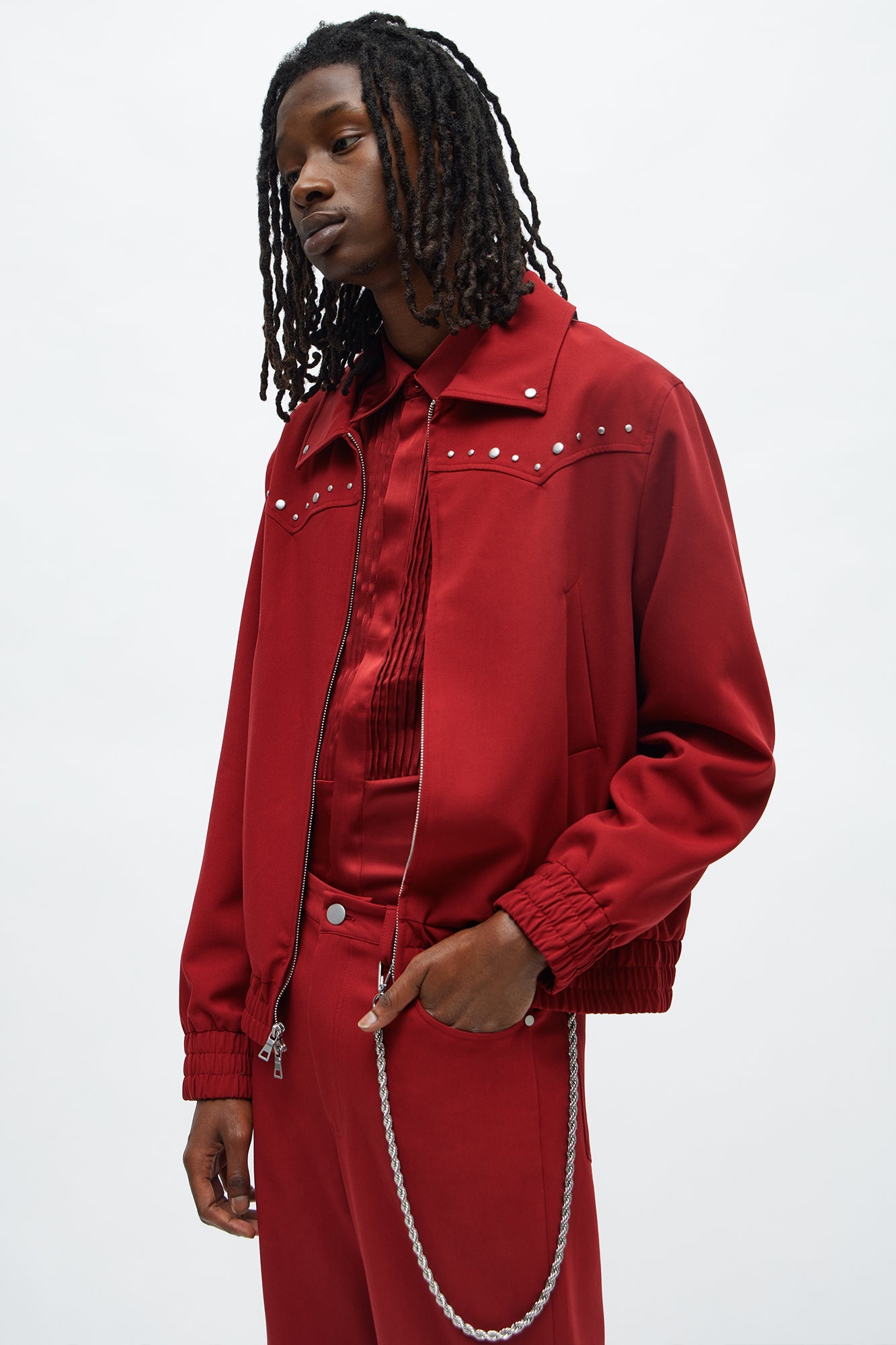 Relaxed Studded New Age Rebel Bomber Jacket - Burgundy