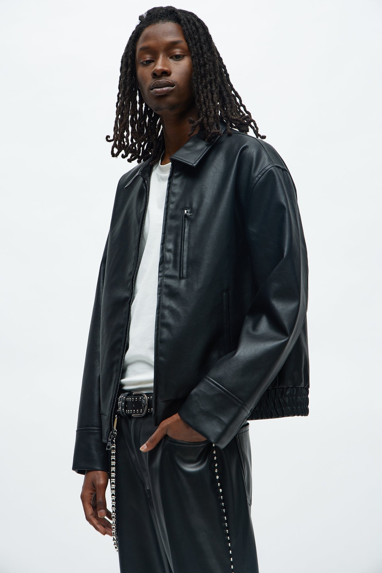 Embroidered Skull Faux Leather Jacket - Black