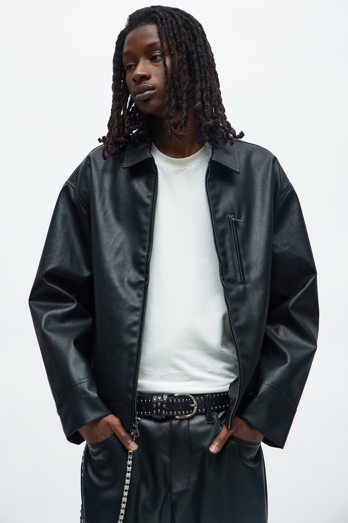 Embroidered Skull Faux Leather Jacket - Black