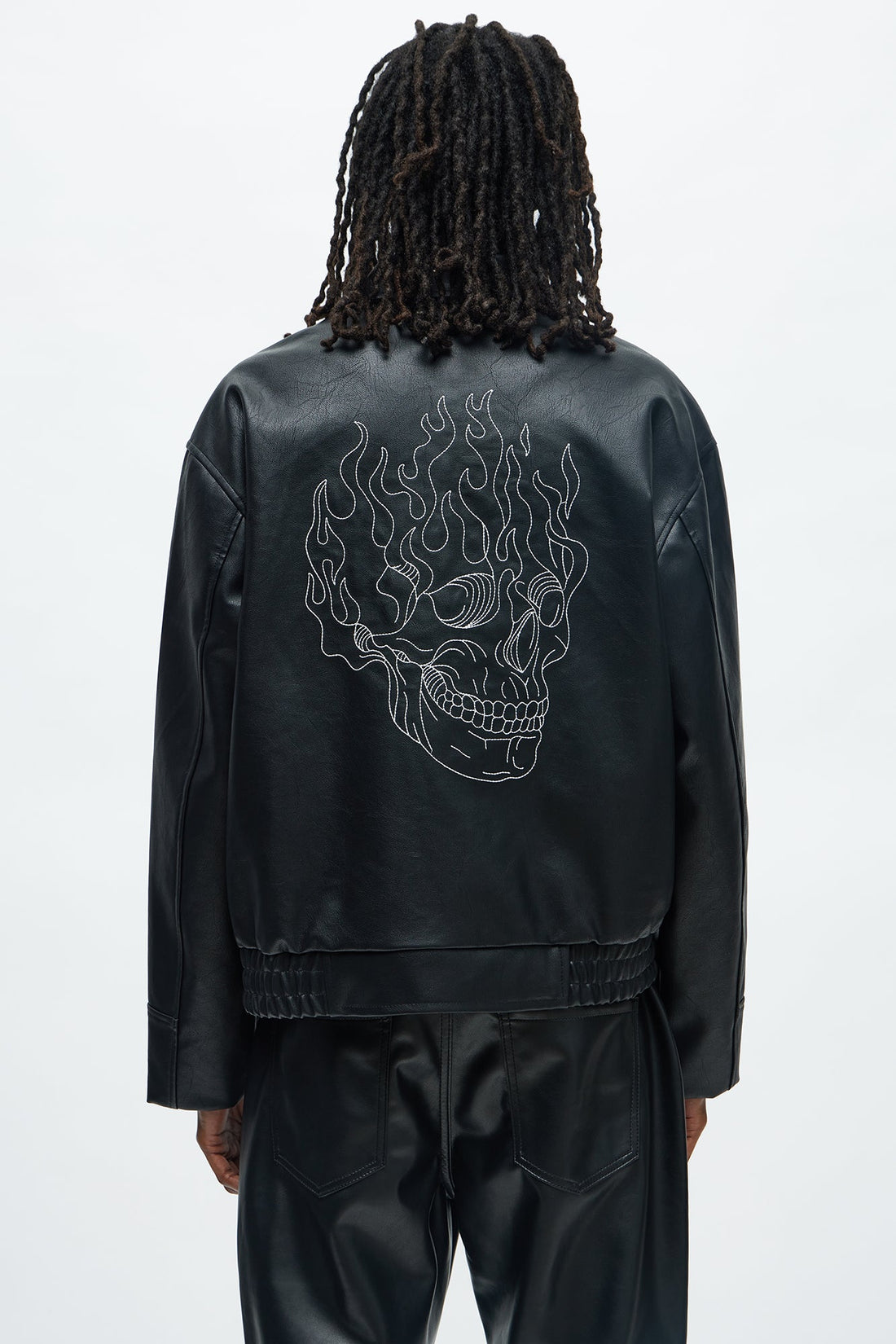 Embroidered Skull Faux Leather Jacket - Black