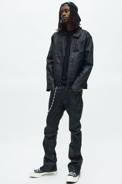 Stacked Skinny Flare Paneled With Zipper Waxed Jean - Black