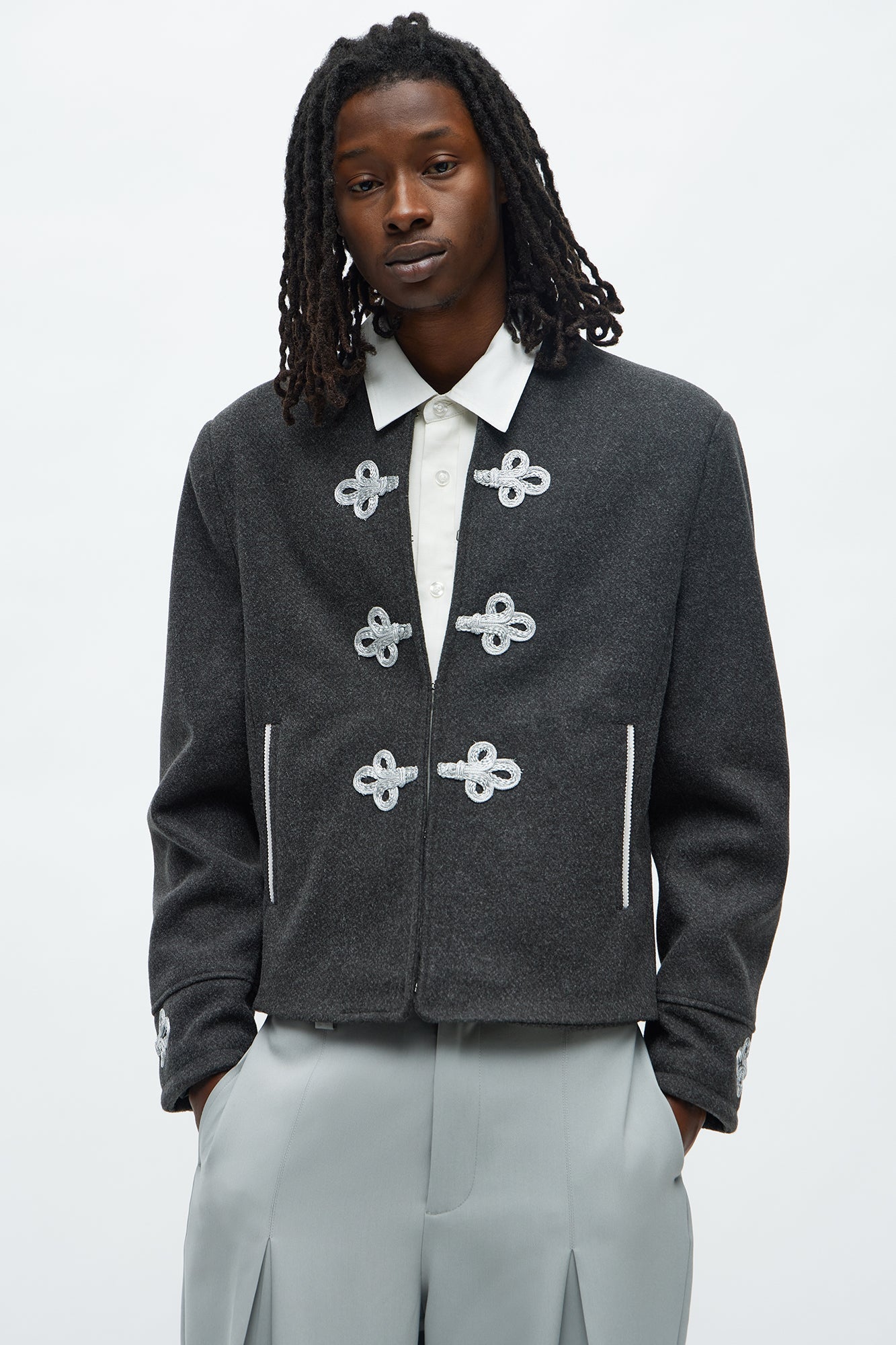 Relaxed Rocker Applique Faux Wool Hybrid Jacket - Dark Grey