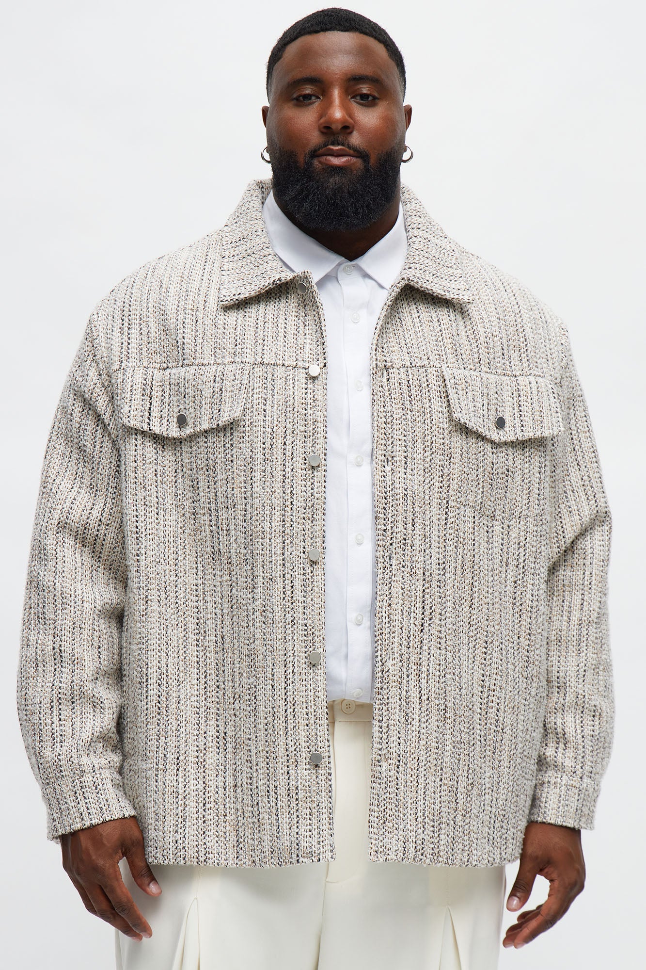 Tweed Button Shacket - Cream/combo