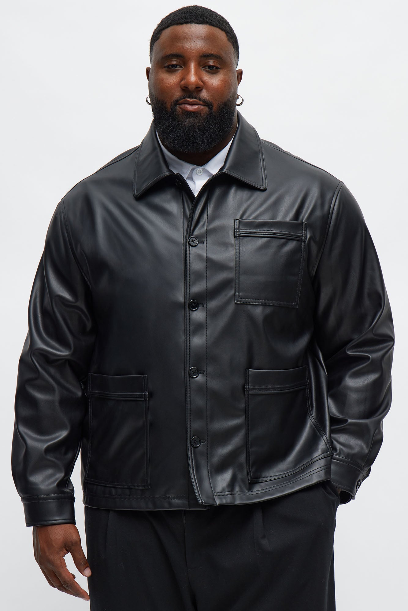Relaxed Faux Leather Chore Jacket - Black