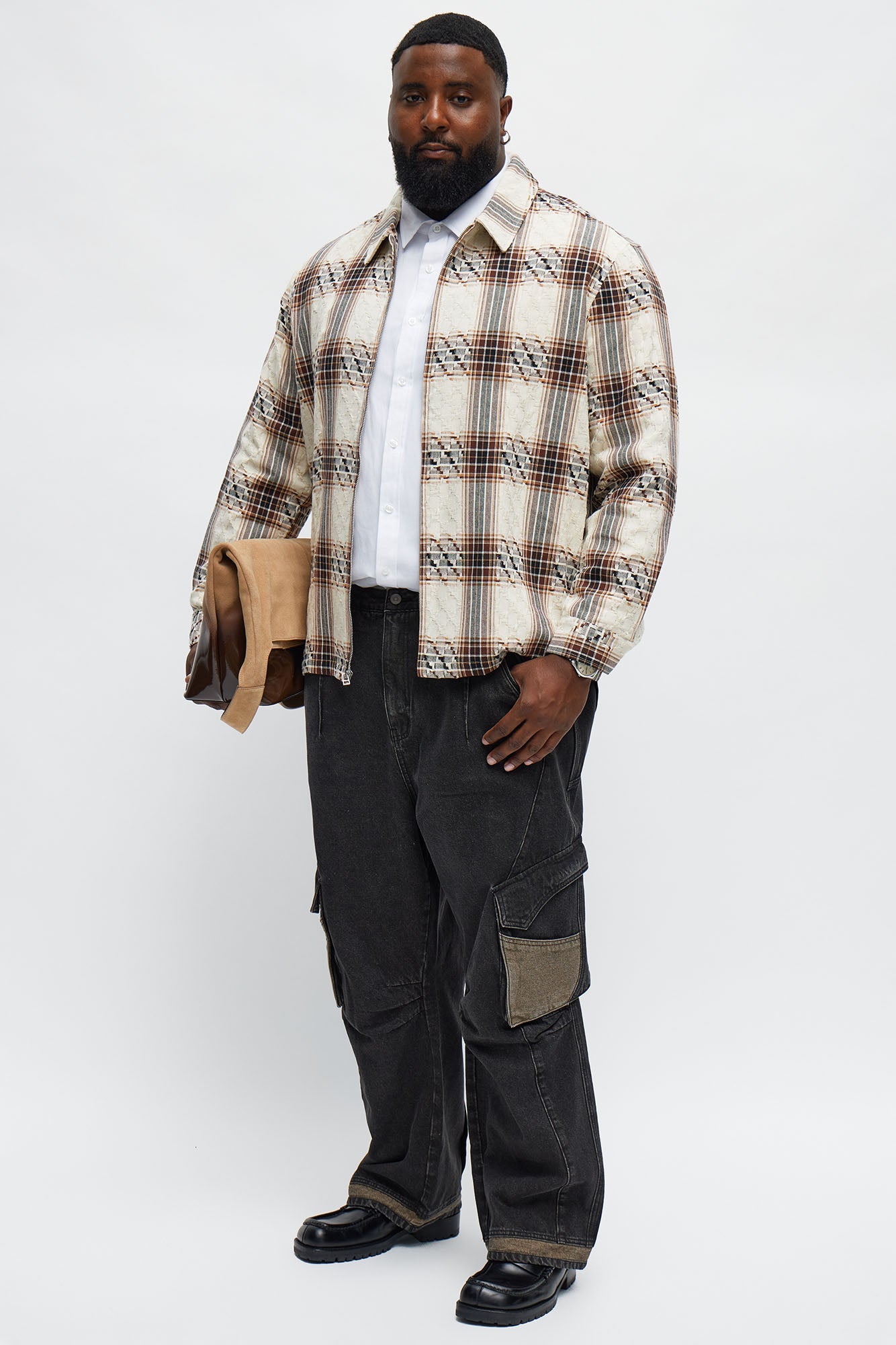 Plaid Zip Up Shirt - Brown Combo