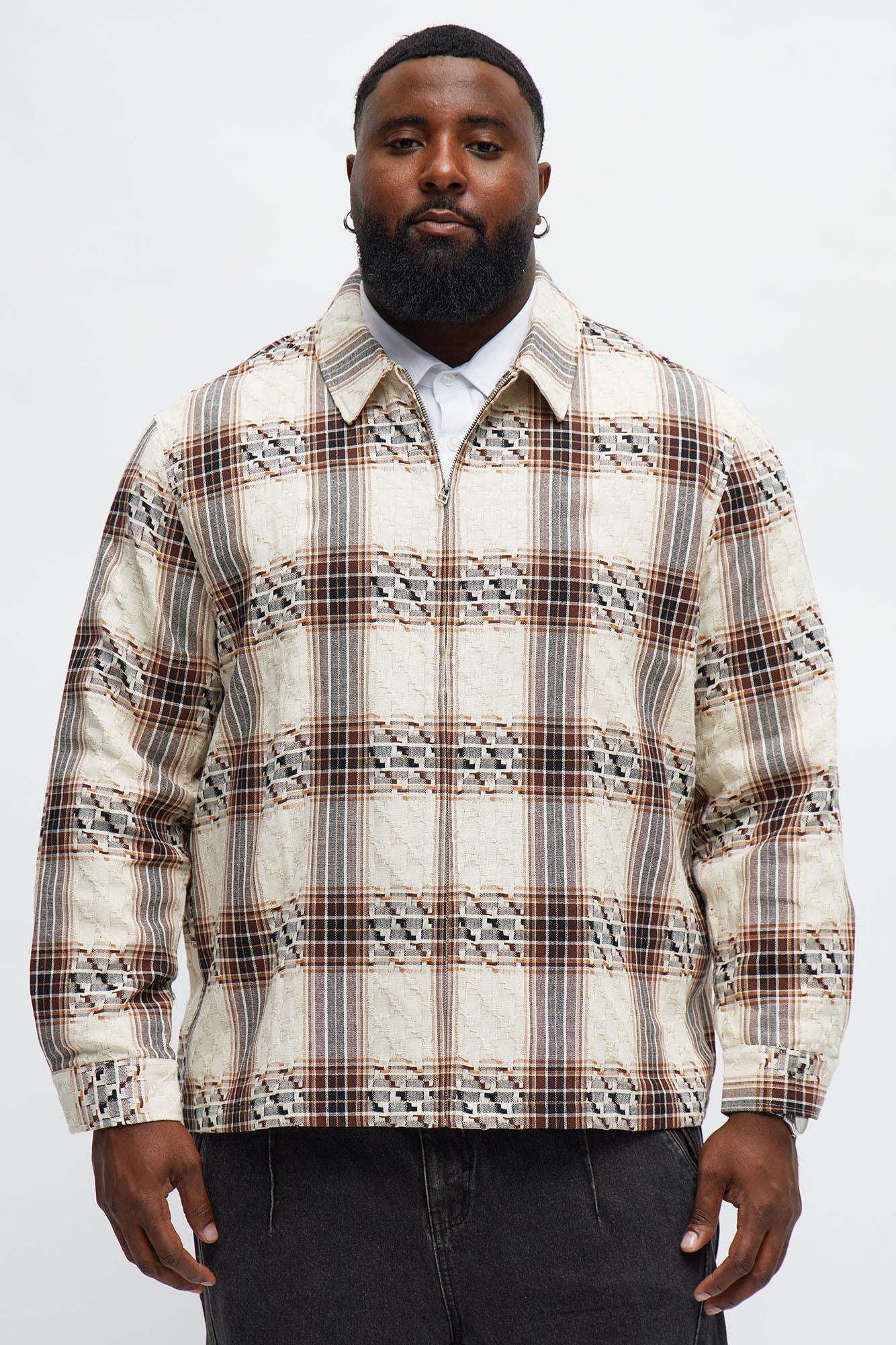 Plaid Zip Up Shirt - Brown Combo
