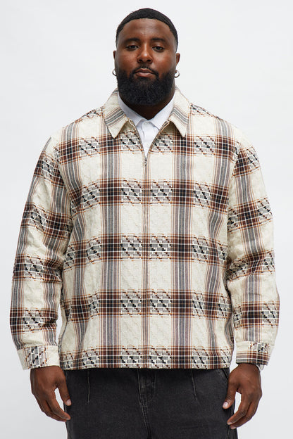 Plaid Zip Up Shirt - Brown Combo