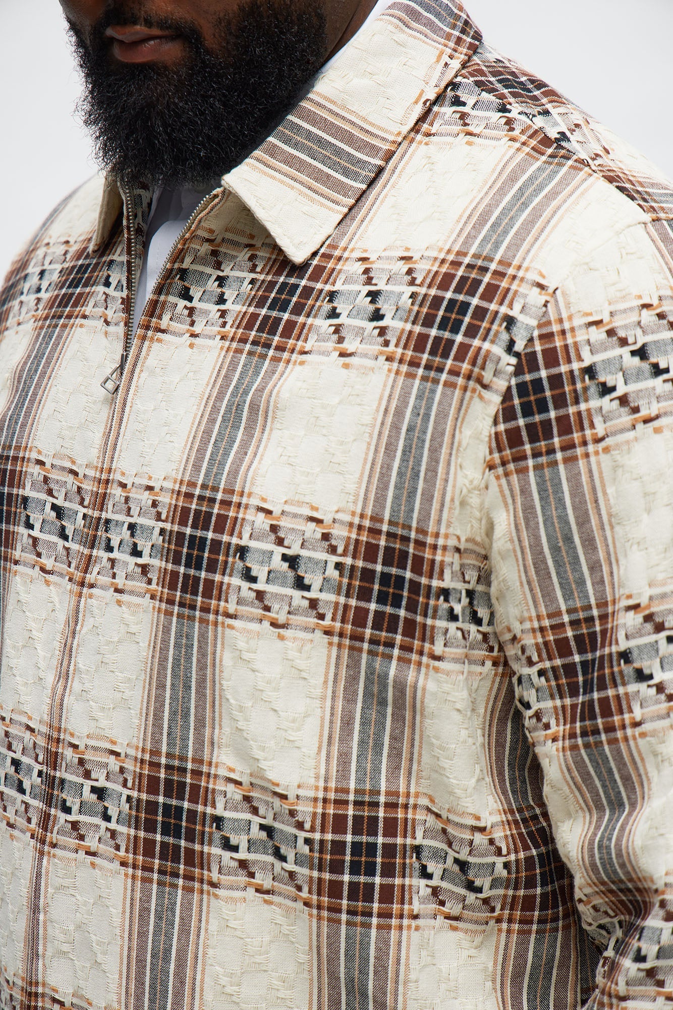 Plaid Zip Up Shirt - Brown Combo