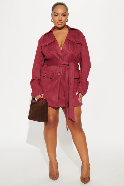 Tessa Tie Waist Faux Suede Mini Dress - Wine