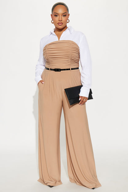 Iris Belted Long Sleeve Wide Leg Jumpsuit - Taupe