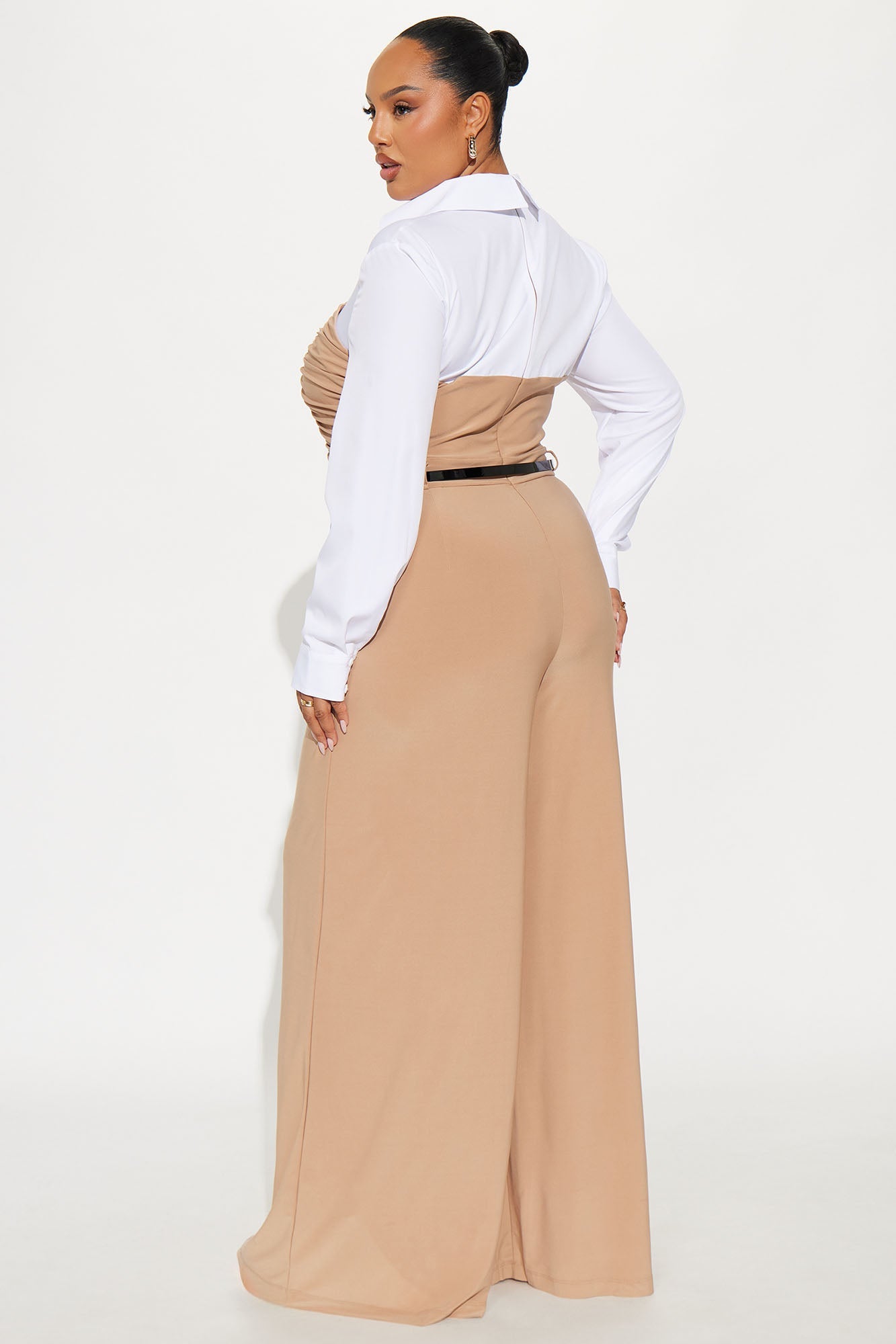 Iris Belted Long Sleeve Wide Leg Jumpsuit - Taupe