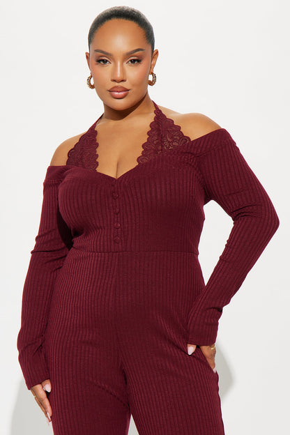 Tilly Ribbed Lace Trim Jumpsuit - Plum