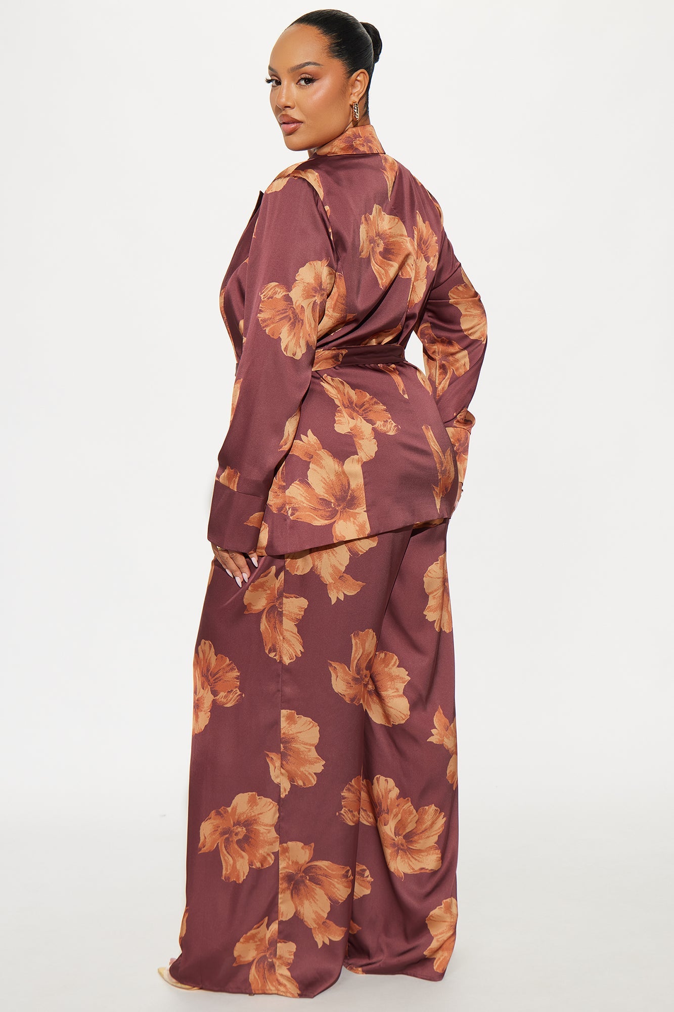 In My Floral Satin Blazer Pant Set - Brown/combo