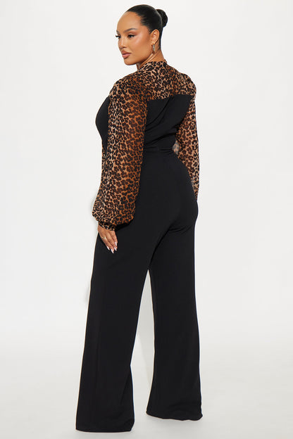 In Command Leopard Chiffon Straight Leg Jumpsuit - Black/combo