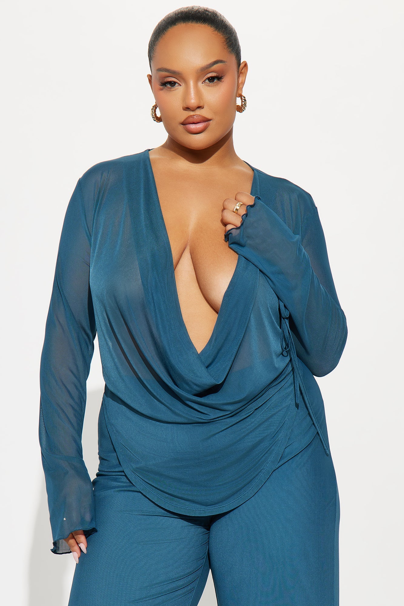 Silent Muse Cowl Neck Mesh Pant Set - Teal