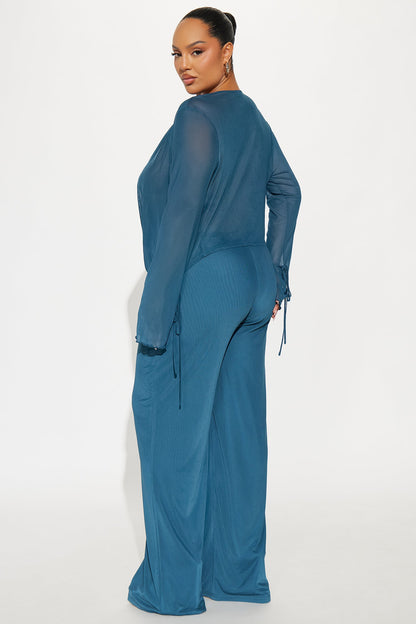 Silent Muse Cowl Neck Mesh Pant Set - Teal