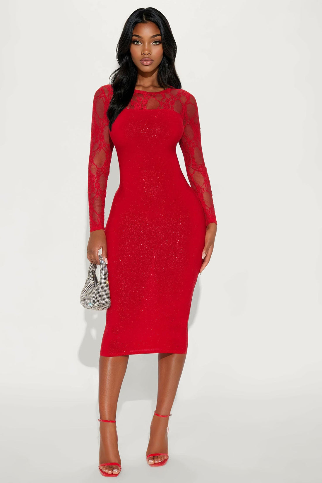 Miranda Long Sleeve Glitter Midi Dress - Red