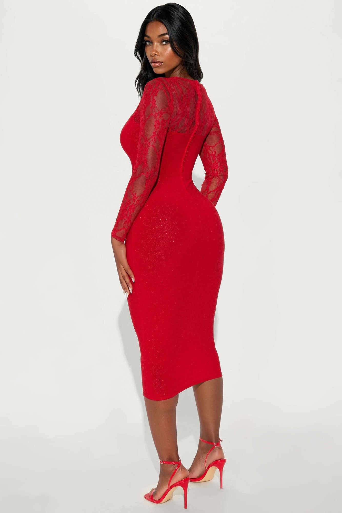 Miranda Long Sleeve Glitter Midi Dress - Red