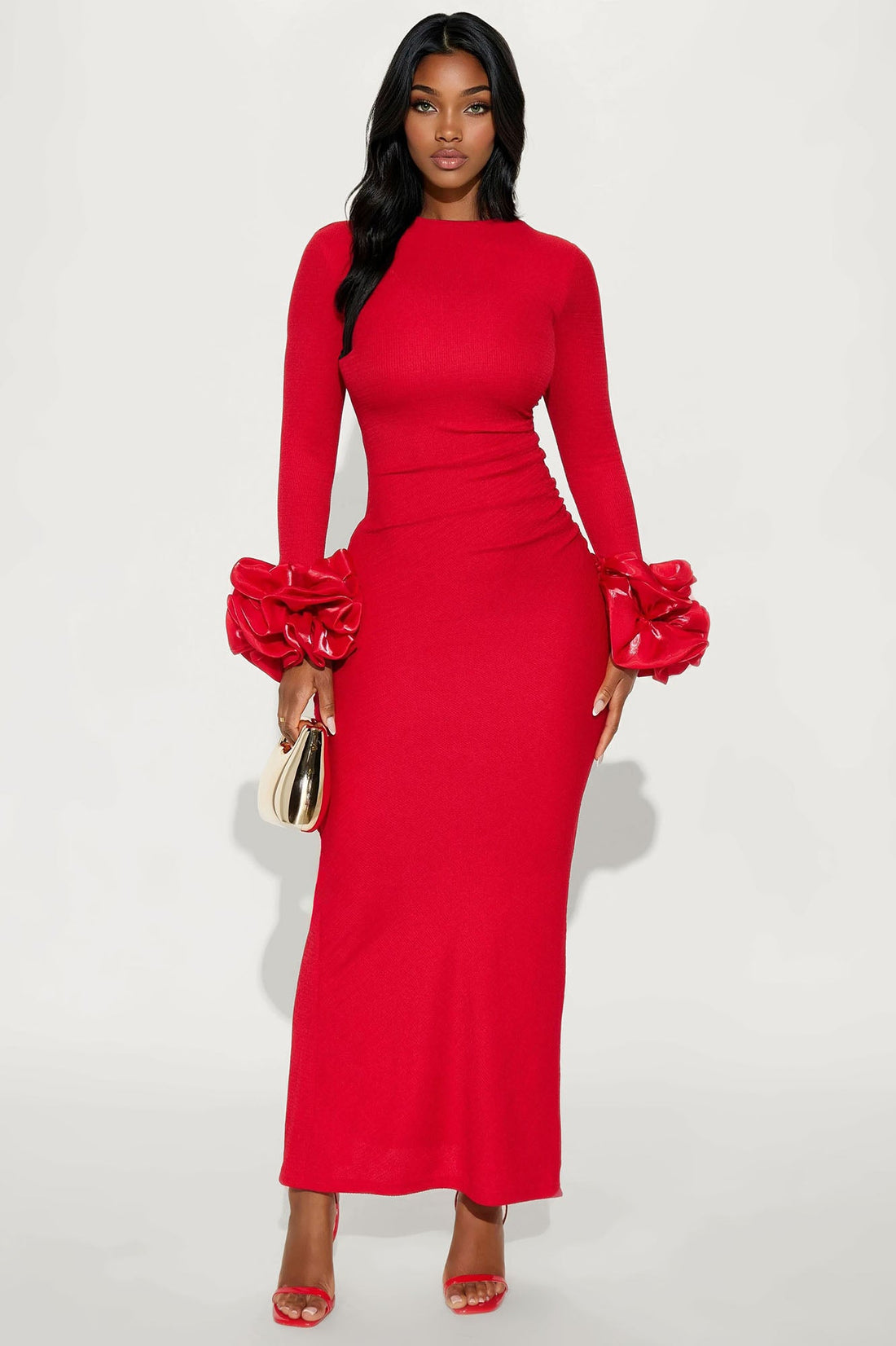 Monroe Ruffle Sleeve Textured Maxi Dress - Red