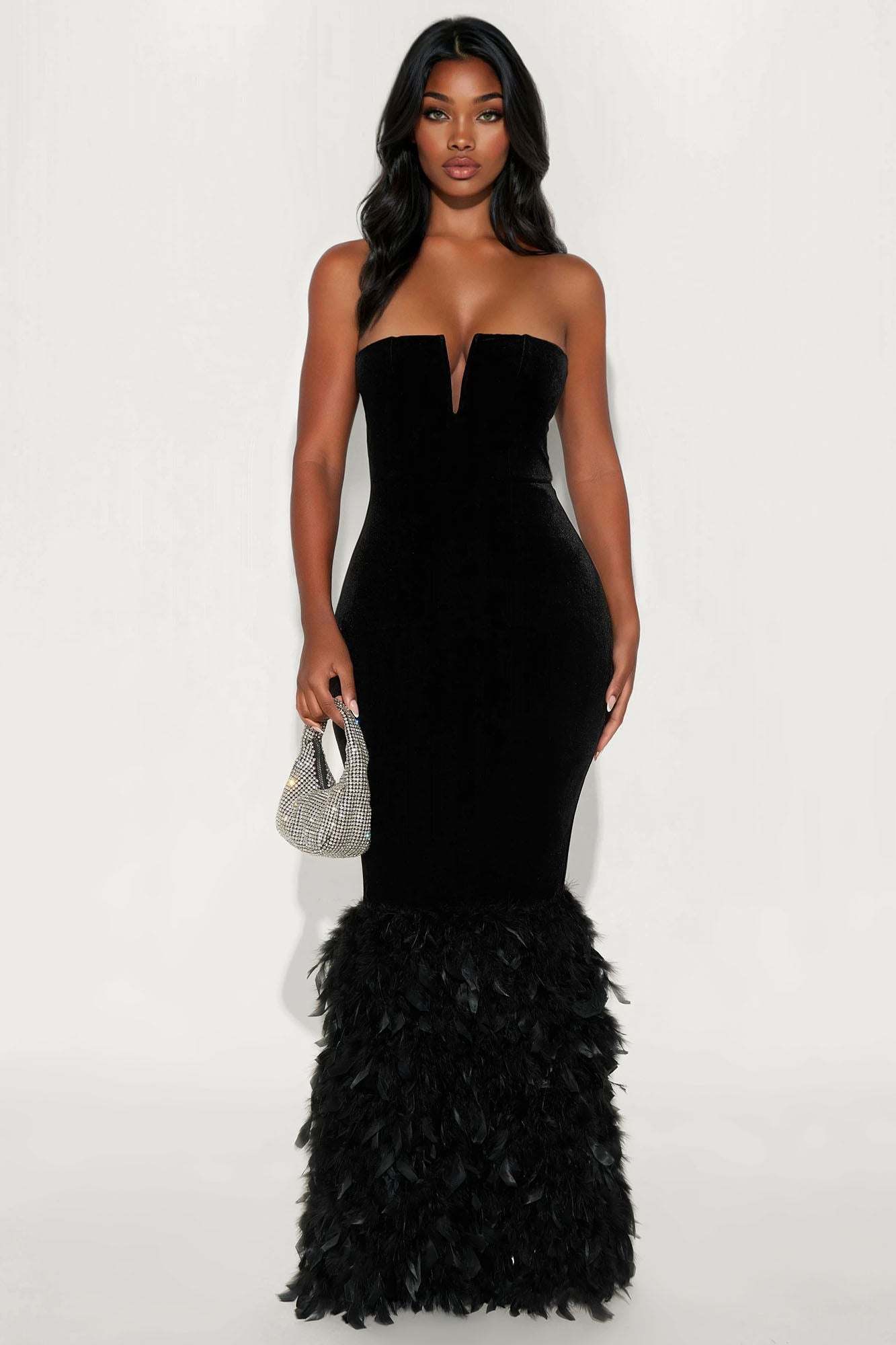 Feathered Glance Velvet Maxi Dress - Black