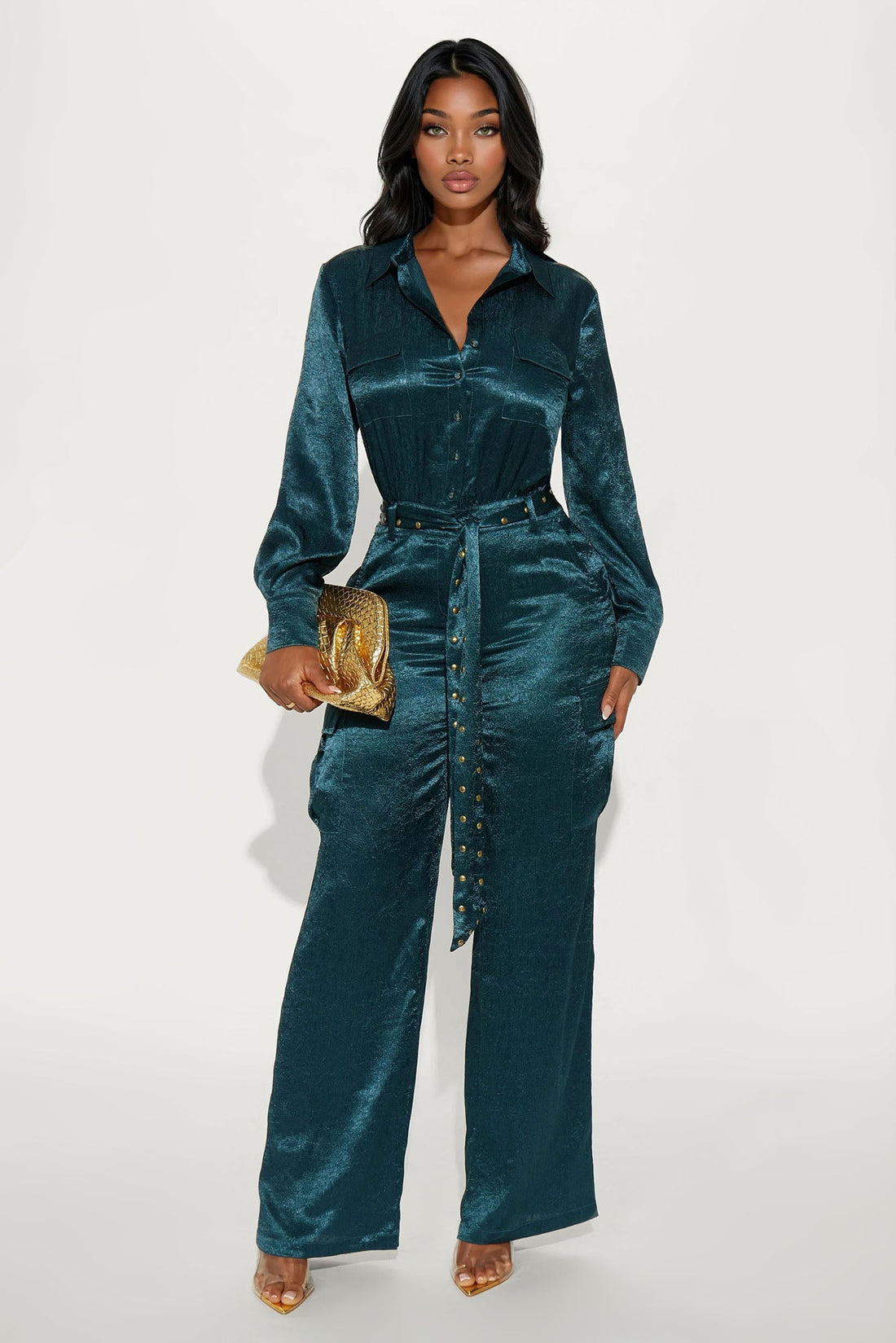 Myla Satin Cargo Jumpsuit - Teal
