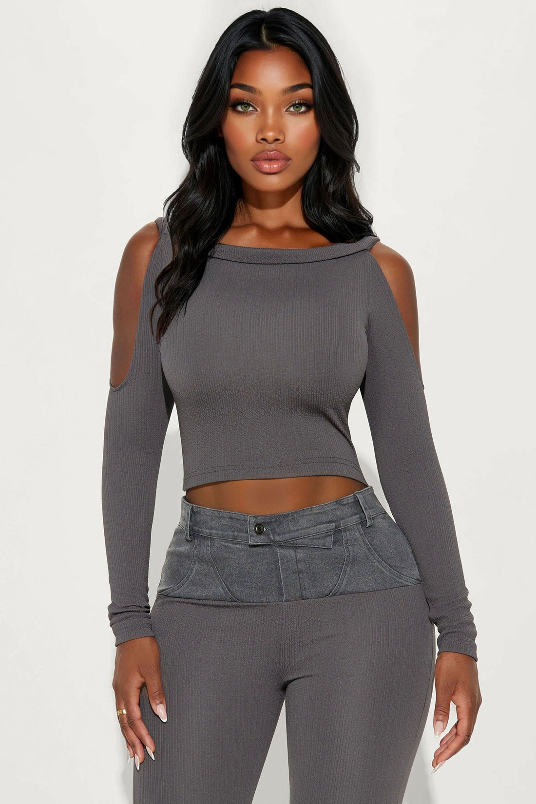 Sabrina Ribbed Long Sleeve Jumpsuit - Grey