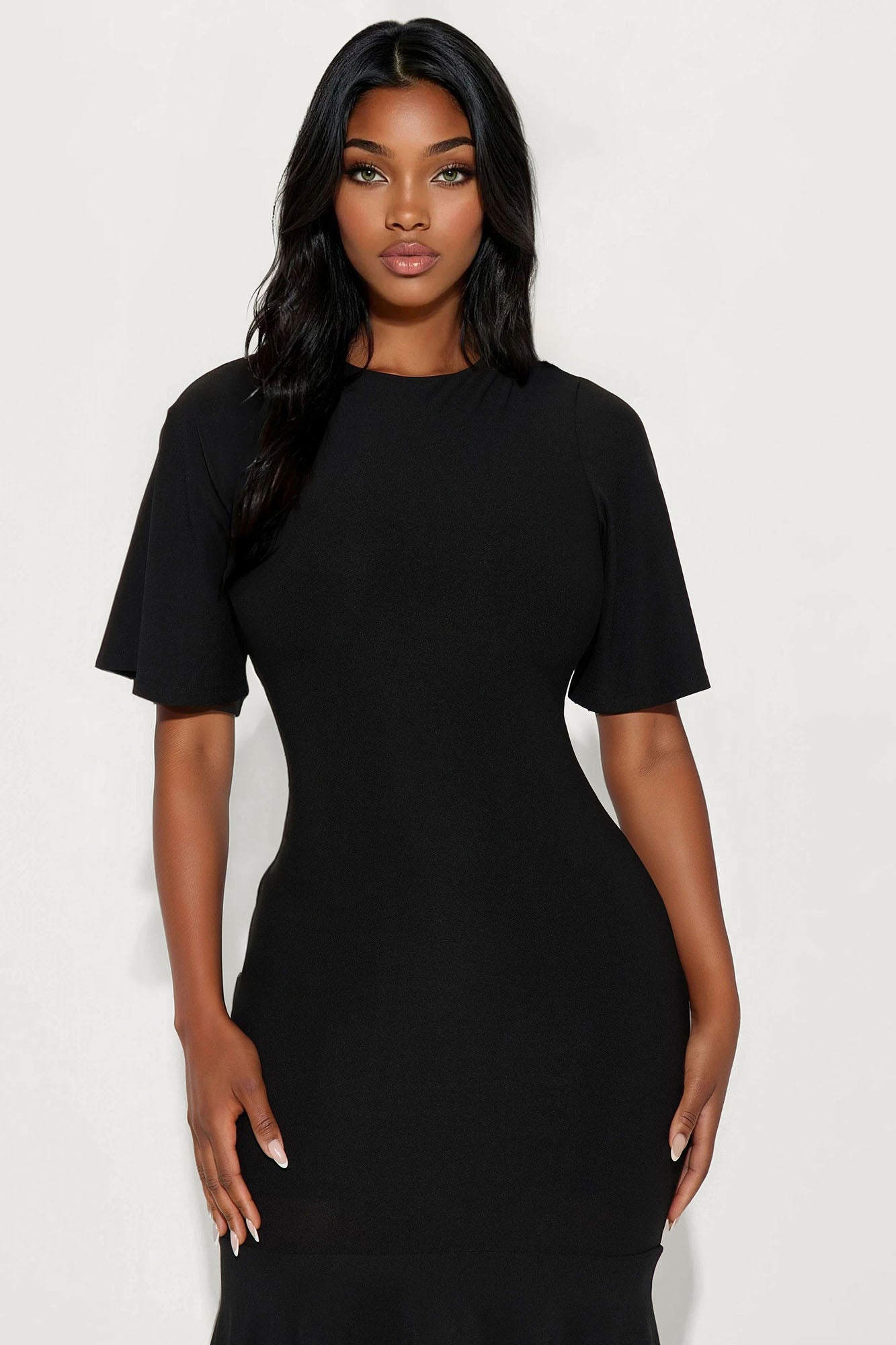 Audrina Asymmetrical Mermaid Midi Dress - Black