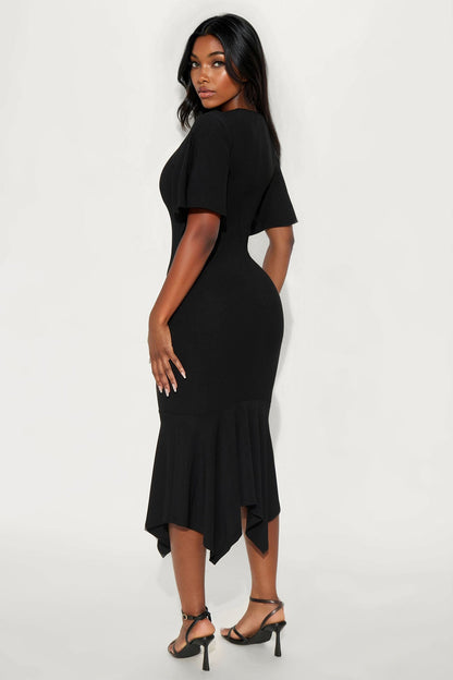 Audrina Asymmetrical Mermaid Midi Dress - Black